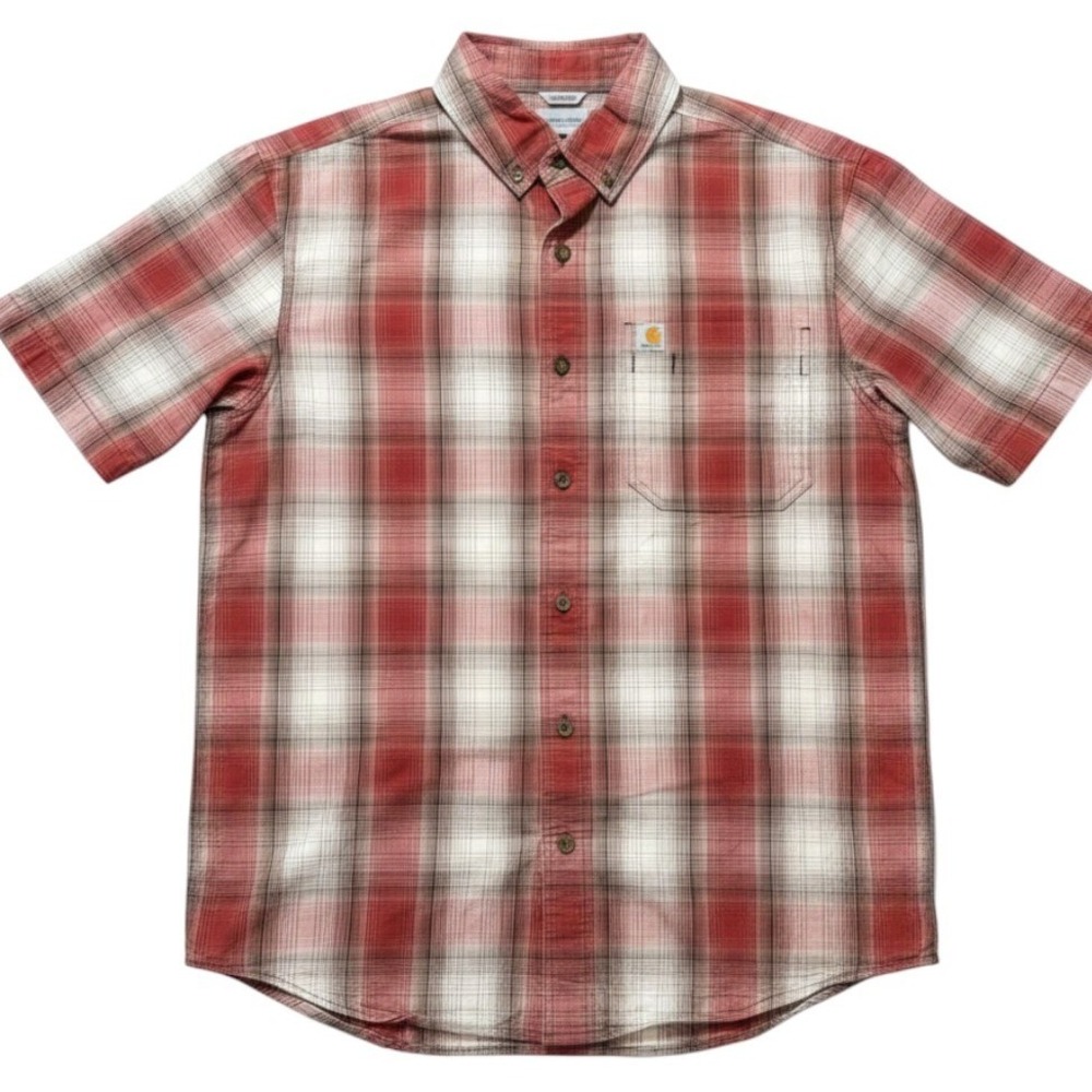 Carhartt Relaxed Fit Plaid Short Sleeve Button Down Shirt Red Cream 104174 DBD M
